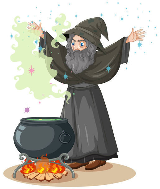 Vecchio mago con incantesimo e pentola magica stile cartone animato isolato su sfondo bianco illustrazione - Vettoriali, immagini