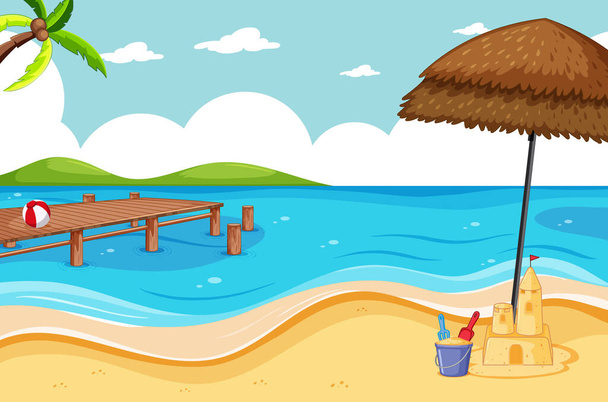Tropik plaj ve kumsal sahnesi karikatür çizimi - Vektör, Görsel
