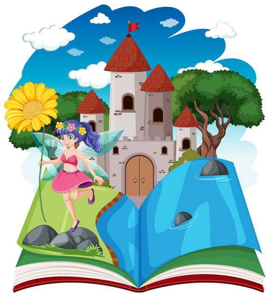 Contes de fées et tour de château sur pop up livre dessin animé style sur fond blanc illustration - Vecteur, image