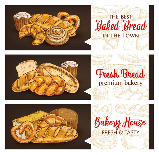 ベーカリーとパンの製品スケッチベクトルバナー。ベーカリーショップ全体の小麦とライ麦パン、甘いペストリーとデザートパン、アイシングとパネトーネ、プレッツェルとクロワッサン、編組チャラ、小麦ローフ - ベクター画像