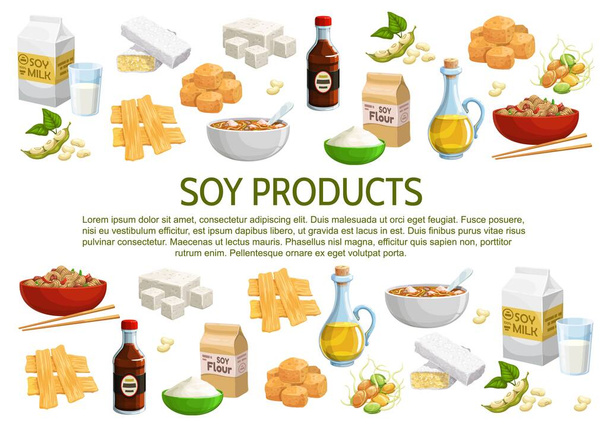 Soy and soybean products vector poster. Coagulated soy milk, curd skin, flour packet, sauce and oil bottles, tempeh, noodles in bowl, tofu and sprouted soybeans. Cartoon asian cuisine food banner - Vector, Image