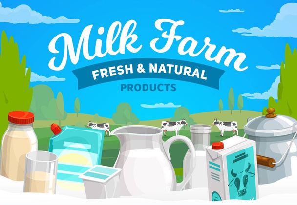 Milk farm, dairy products vector banner. Condensed and baked milk in glass pitcher, bottle and can, mayonnaise and sour cream plastic pouch, yogurt. Cows glazing on meadow. Natural dairy farm poster - Vector, Image