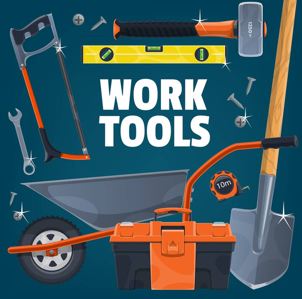 DIY and work tools. Vector hacksaw and level, sledgehammer, shovel, toolbox and wheelbarrow, wrench or spanner, screws and measuring tape. Construction and DIY work hand tools and equipment - Vector, Image