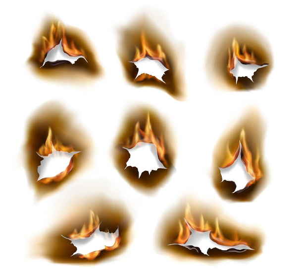 Des trous de papier brûlés, un feu réaliste avec des bords carbonisés, des objets vectoriels isolés. Flamme 3d sur feuille blanche. Feuilles de papier brûlées avec trous abstraits dans les flammes de feu, bordures déchirées et cadres arrachés - Vecteur, image