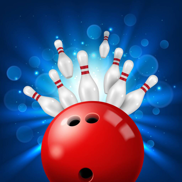 Strike in bowling alley 3d realistic vector. Pins flying aside after powerful kick of red ball. Bowling club or sport tournament background with knocked down skittles, ten-pin ball and light exposure - Vector, Image