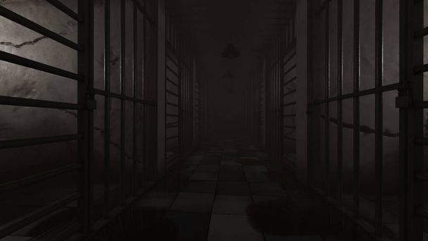 Przygnębiony korytarz więzienny Rendering 3D - Zdjęcie, obraz