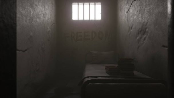 Börtöncella napfényben egy Bed and Books 3D Renderelés - Fotó, kép