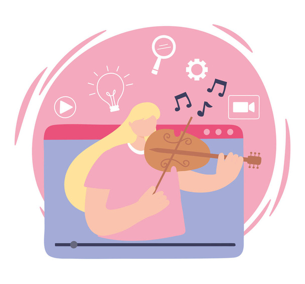 оставаться дома, девушка играет на скрипке в видео сайт, самоизоляция, деятельность в карантине для коронавируса
 - Вектор,изображение