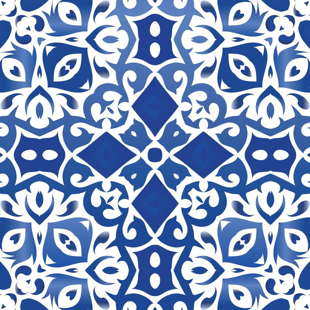 Antique portuguese azulejo ceramic. Graphic design. Vector seamless pattern poster. Blue floral and abstract decor for scrapbooking, smartphone cases, T-shirts, bags or linens. - Vettoriali, immagini