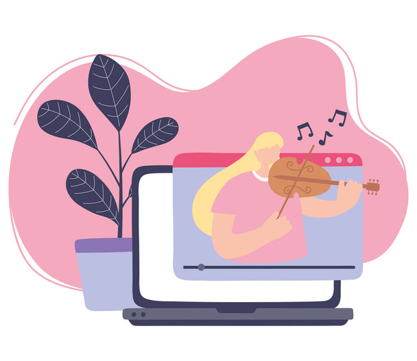 оставаться дома, девушка играет на скрипке онлайн концерт, самоизоляция, деятельность в карантине для коронавируса
 - Вектор,изображение
