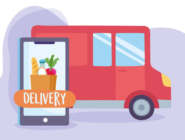 bezpečné dodání doma během coronavirus covid-19, smartphone objednat jídlo a kamionové dopravy - Vektor, obrázek