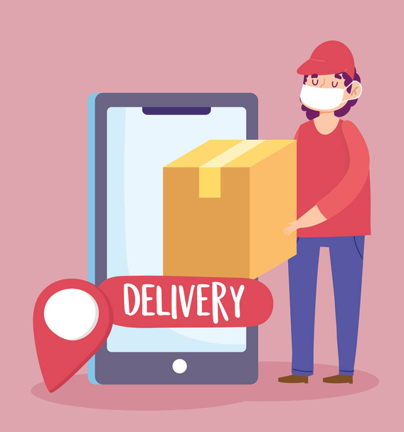 safe delivery at home during coronavirus covid-19, courier man carrying cardboard box smartphone navigation pin - Vector, Image