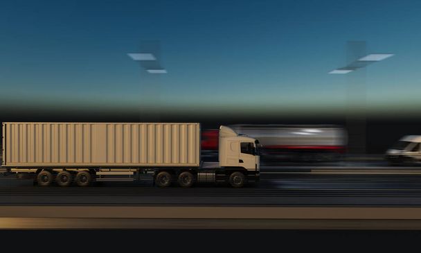 Camión de contenedores moviéndose en la autopista por la noche
 - Foto, imagen