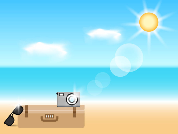 Καλοκαιρινές διακοπές στην παραλία. Καθαρός ουρανός στην παραλία, αποσκευές, κάμερα τσέπης και γυαλιά ηλίου - Διάνυσμα, εικόνα