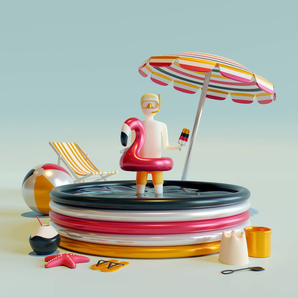 3D-s renderelés egy nyári fiú, álló felfújható medence tele vízzel, miközben fürdőruha, pipa google, felfújható flamingó, és jégkrém. - Fotó, kép