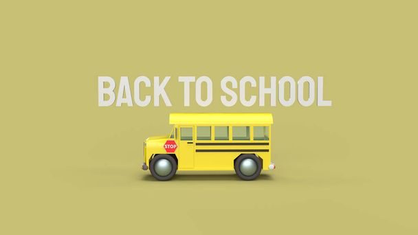 黄色の背景色のスクールバス3Dレンダリング学校のコンテンツに戻る. - 写真・画像