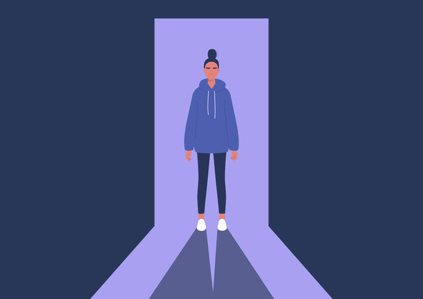 Young female character standing in a doorway, light and shadow contrast, spectacular appearance - Vector, Image