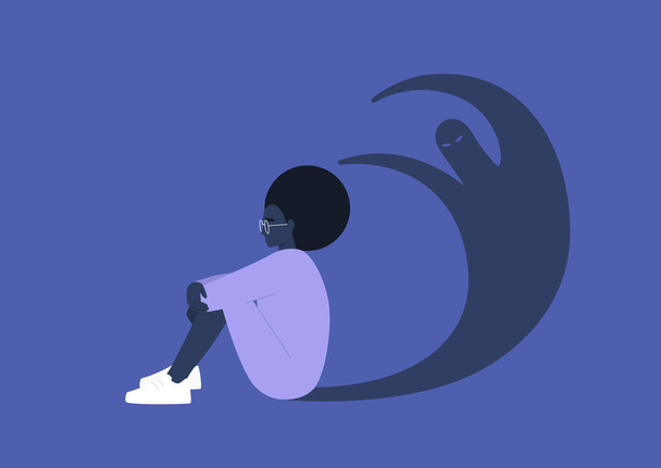 Young black female character having a panic attack, an imaginary monster shadow silhouette, mental health issues, psychology - Vector, Image
