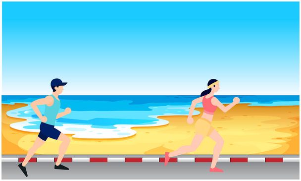 ζευγάρι τρέχει στην παραλία - Διάνυσμα, εικόνα