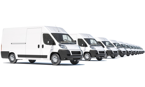 Białe dostawcze furgonetki w rzędzie na białym tle - Zdjęcie, obraz