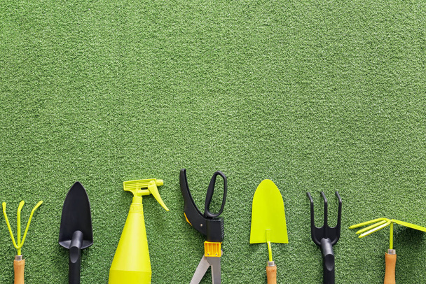 Supplies for gardening on color background - Photo, Image
