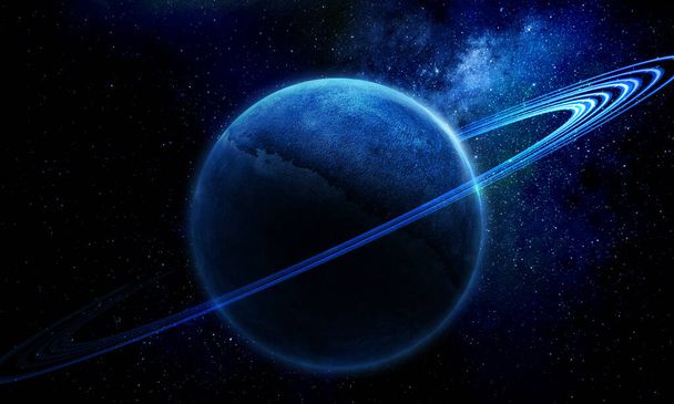 illustrazione spaziale astratta, immagine 3d, rendering 3d, immagine di sfondo, luminoso pianeta astratto con anelli nel cielo stellato cosmico
 - Foto, immagini