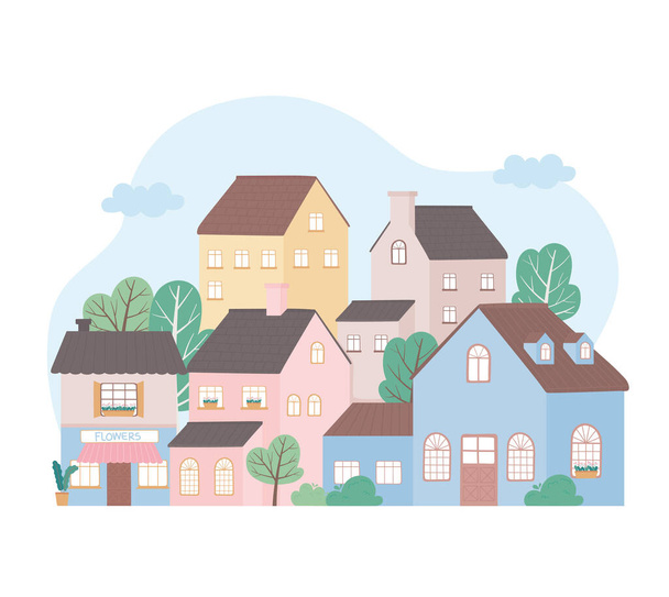 residential houses neighborhood architecture property building trees design - Vector, Image