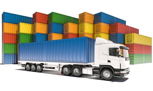 Półciężarówka z kontenerów ładunkowych w tle - Zdjęcie, obraz
