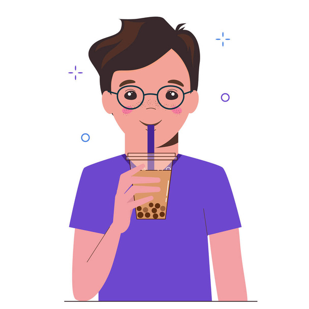 Молодой человек пьет чай с пузырьковым молоком или жемчужное молоко. Тайваньский известный и популярный напиток с черным жемчугом тапиока. Плоская карикатура на белом фоне
. - Вектор,изображение