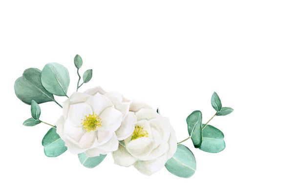 Aquarellzeichnung. Rahmen, Vignette Eukalyptusblätter und Blüten. Zarte Zeichnung weißer Hagebuttenblüten und Eukalyptusblätter auf weißem Hintergrund. Design für Hochzeiten, Einladungen, Karten - Foto, Bild
