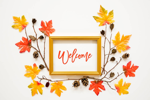 Colorful Autumn Leaf Decoration, Frame, Text Welcome - Photo, image