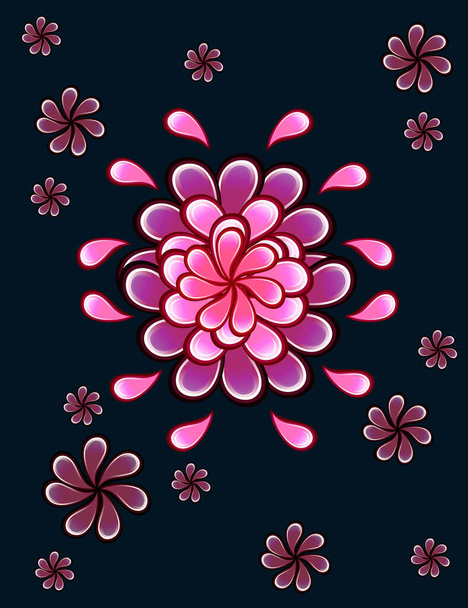 Vaaleanpunainen abstrakti tasainen kukka vesipisarat virtaa tasainen vektori kuvitus tummalla pohjalla. - Vektori, kuva