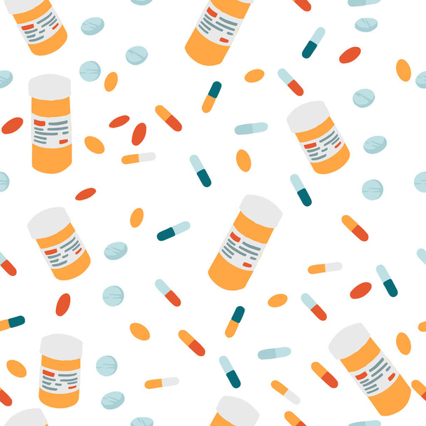 Naadloos patroon met pillen en flessenpillen platte vector illustratie op witte achtergrond. - Vector, afbeelding