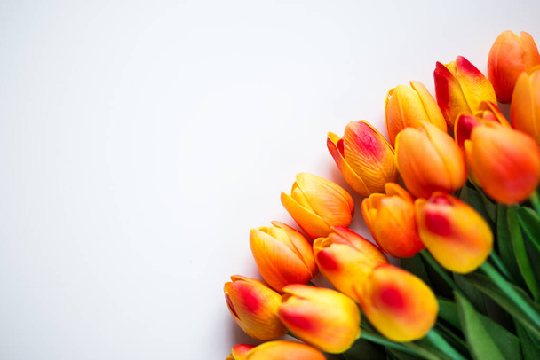 tavasz vagy nyár koncepció - narancs tulipán virágok másolási hely felett fehér háttér - Fotó, kép