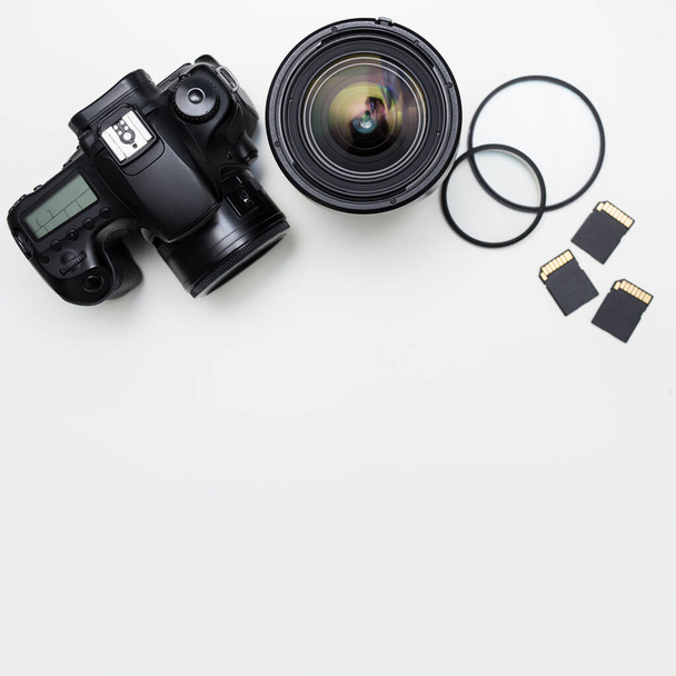 photography equipment and copy space over white table  background - Photo, Image