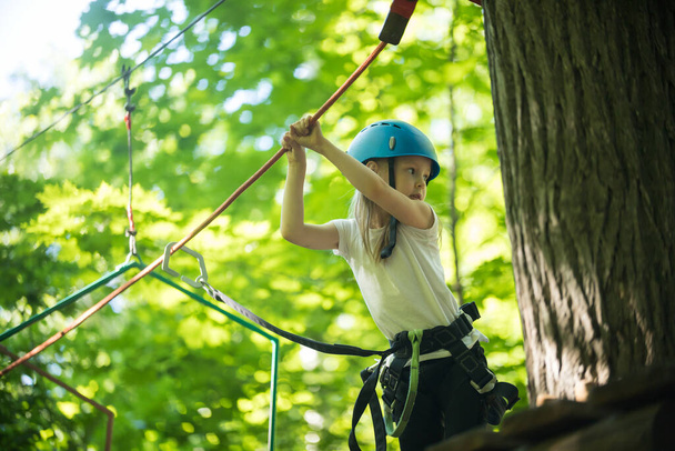 Aventura de cuerda: una niña pequeña parada en lo alto junto al árbol y sosteniendo las cuerdas con las manos
 - Foto, Imagen