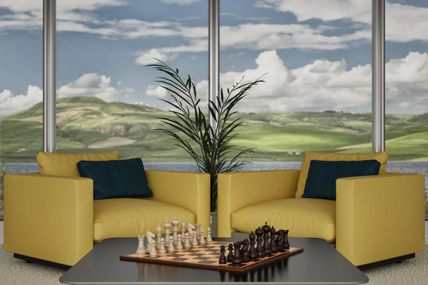 3Dイラスト。背景にラウンジ家具と前景のチェスボードとチェス。 - 写真・画像