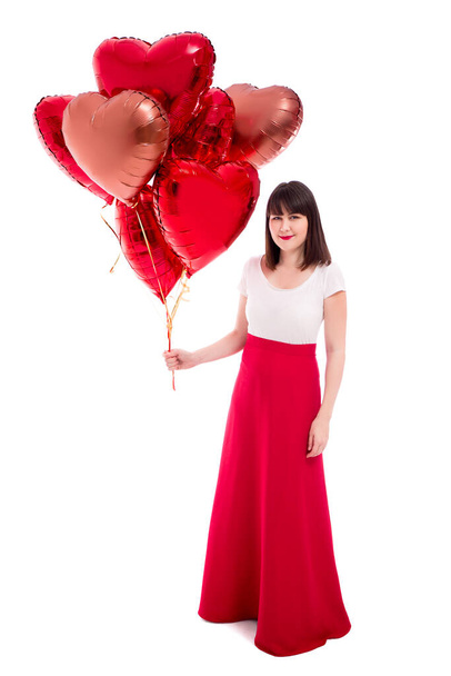 valentine's day or birthday concept - happy woman with red balloons isolated on white background - Foto, afbeelding