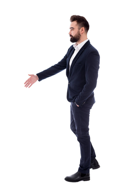 business concept - handsome businessman with open hand ready for handshake isolated on white background - 写真・画像