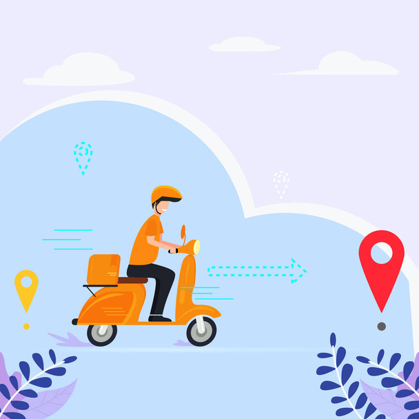 Fast delivery. Courier provides free delivery of goods or postal parcels use a scooter. Vector illustration in flat style. - Vector, Image