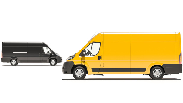 Cyfrowo generowane czarne i żółte dostawcze furgonetki renderowania 3D - Zdjęcie, obraz