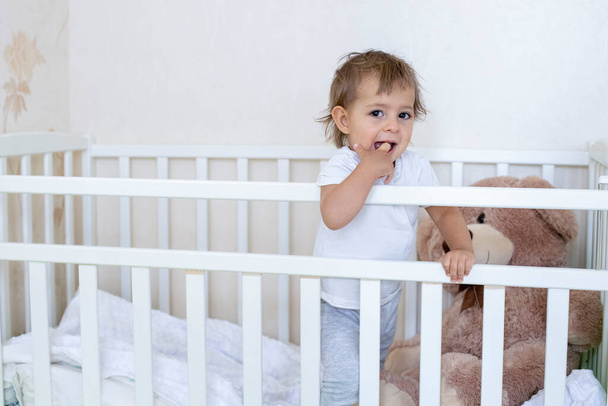 quarantine concept. safety is relative. little cute toddler is standing in the crib and looking at the camera - Φωτογραφία, εικόνα