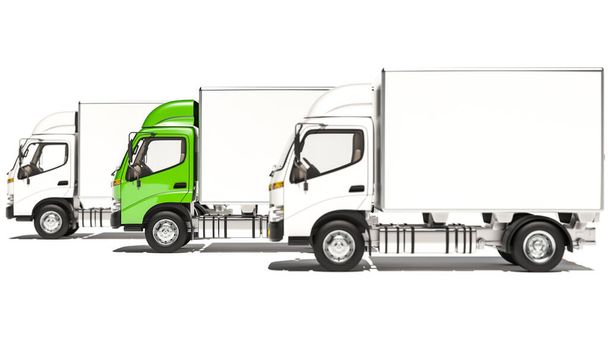 Camions Box avec cabines en rendu 3D de couleur blanche et verte - Photo, image