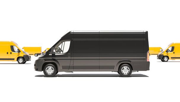 Black Delivery Van with Yellow Ones in the Background 3D Rendering - Photo, Image