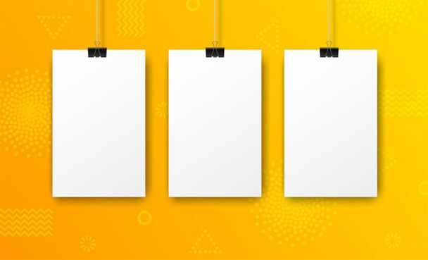 影のある3つの空の白いポスターと平らな黄色の抽象的な背景。トレンディーなチラシのモックアップテンプレート。Web用ベクトルイラスト,ポスターモックアップ,デザイン,アプリ,広告 - ベクター画像