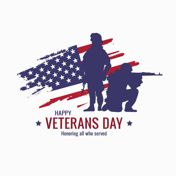 Плакат Дня Ветерана. В честь всех, кто служил. Иллюстрация Дня ветерана с американским флагом и солдатами - Вектор,изображение