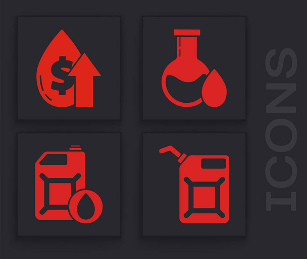 Set Canister for gasoline, Oil price increase, Oil petrol test tube and Canister for motor machine oil icon. Vector. - Vector, Image