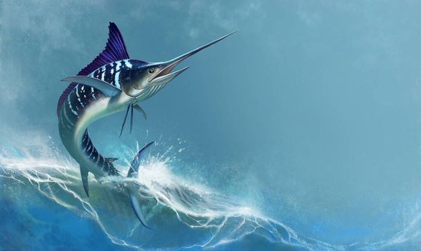 Marlin rayado en el mar, espada de pescado. Ilustración realista aislada. Pescado velero es un depredador rápido
. - Foto, imagen