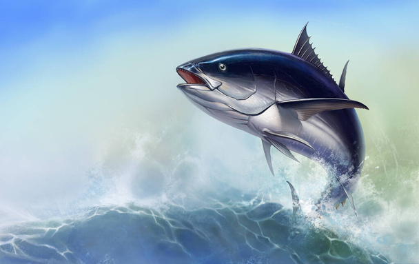 Рыба-тунец в быстром движении Реалистичный. Черный плавник голубого цвета на b
 - Фото, изображение