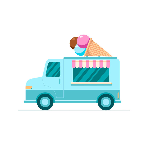 Vector dibujado a mano colorido camión de hielo, tienda móvil sobre fondo blanco. Ilustración en estilo plano de dibujos animados. Diseño de banner, tarjeta, café, menú, festival
 - Vector, imagen